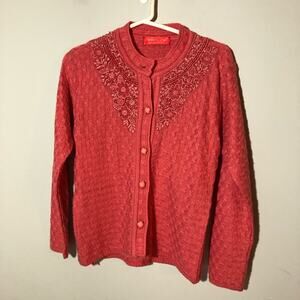 Pink embroidered knit sweater 100% rainbow wool gay queer sheep sz M grandma